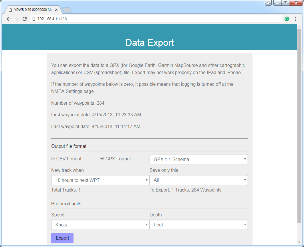 Export of the recorded data to CSV or GPX