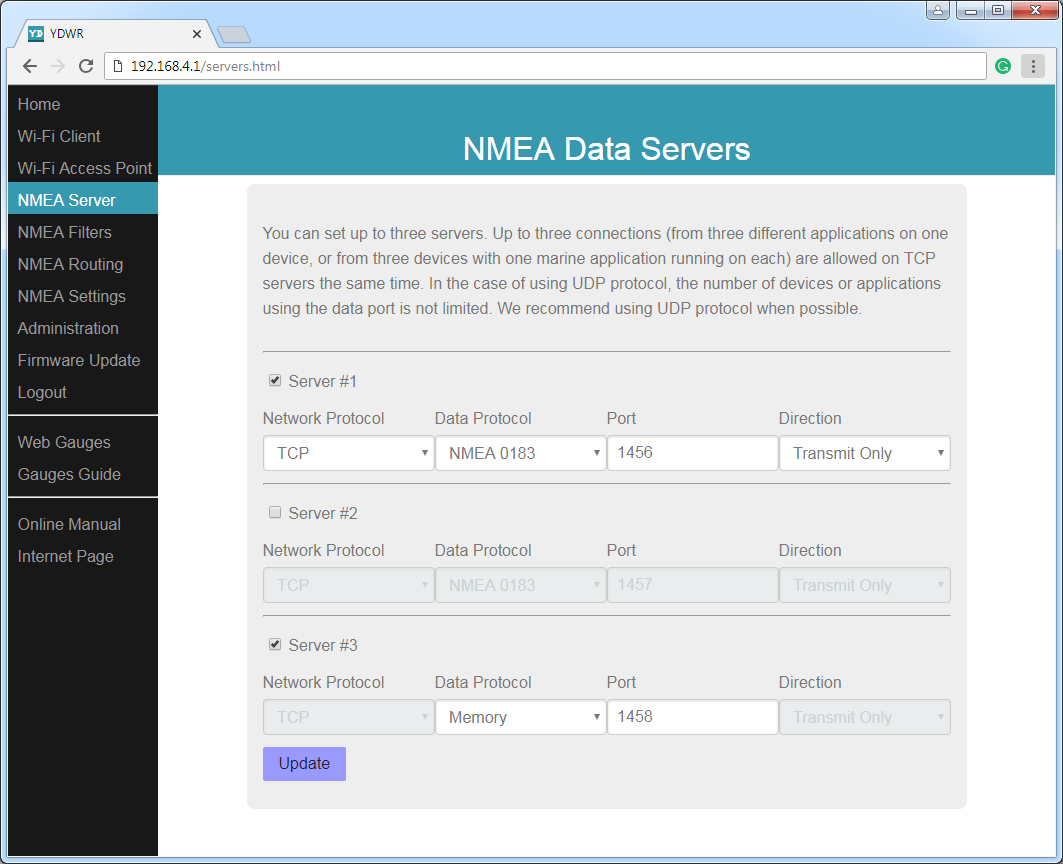 NMEA data servers (TCP or UDP network protocols; NMEA 0183, Memory or Debug data protocols)