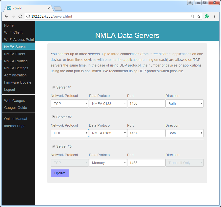 NMEA data servers (TCP or UDP network protocols; NMEA 0183, Memory or Debug data protocols)