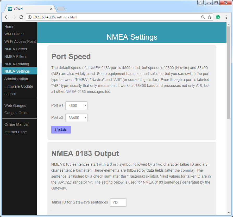 NMEA settings (port speed, true wind calculation, logging, etc.)
