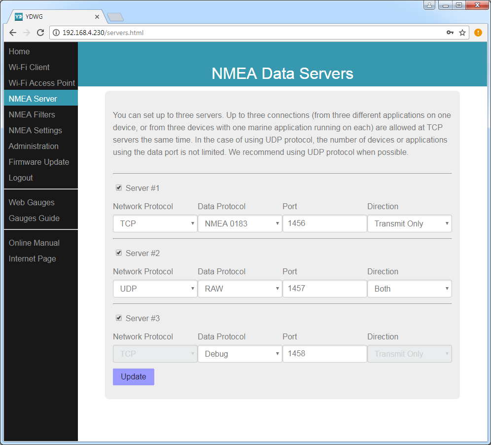 NMEA Data Servers (TCP or UDP network protocols; NMEA 0183, NMEA 2000 or Debug data protocols)
