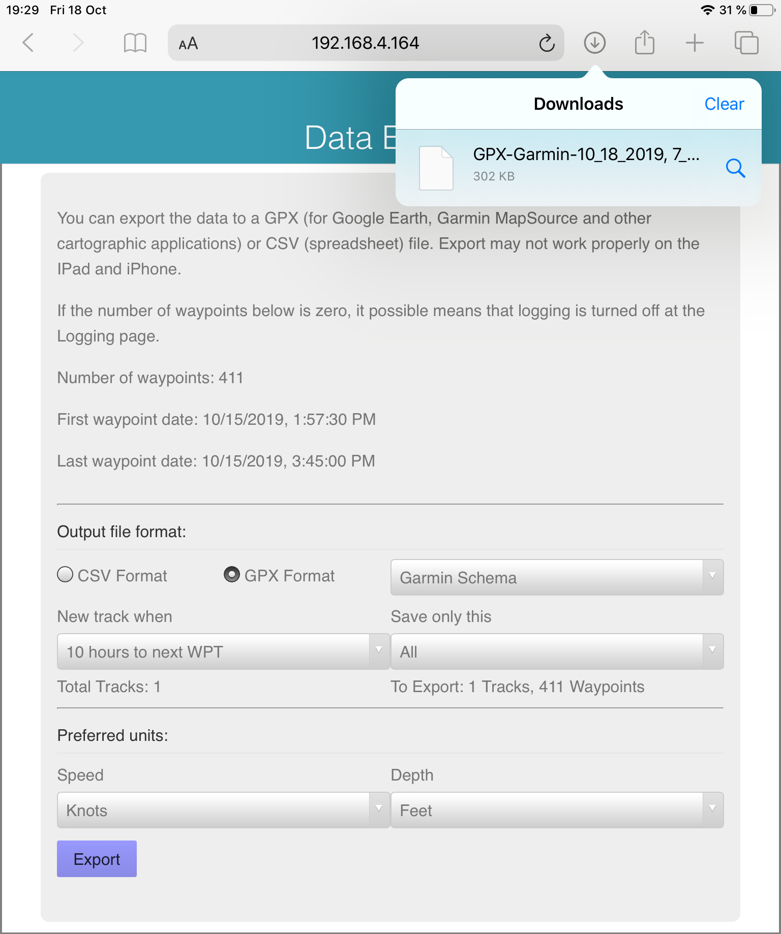Data export from the Router with IPad (iOS 13)