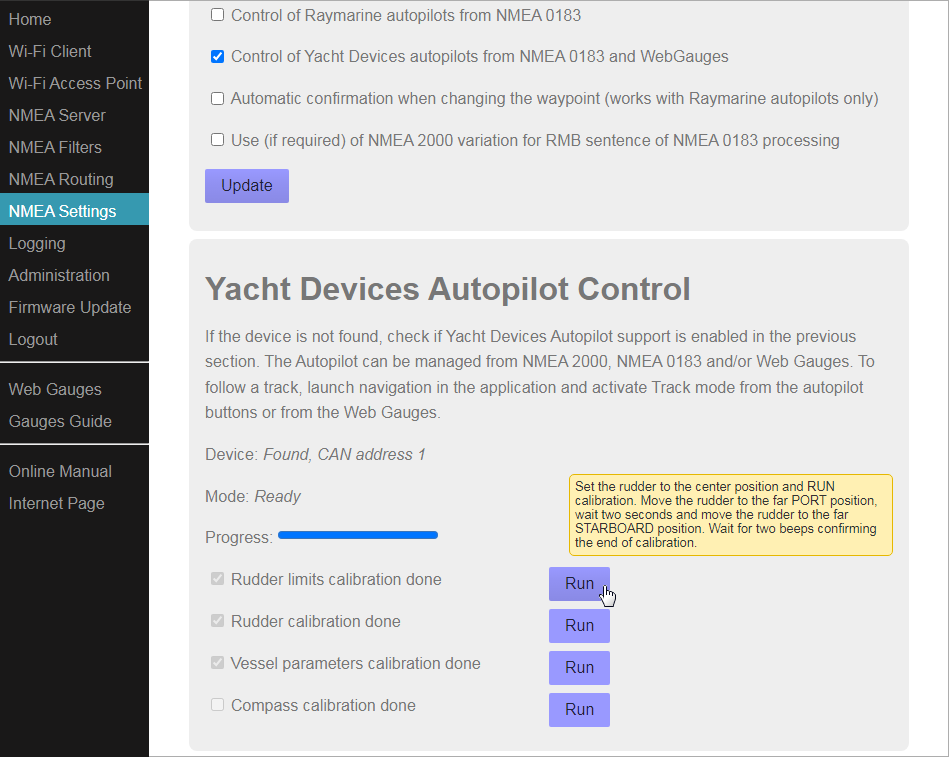 Yacht Devices Autopilot calibration
