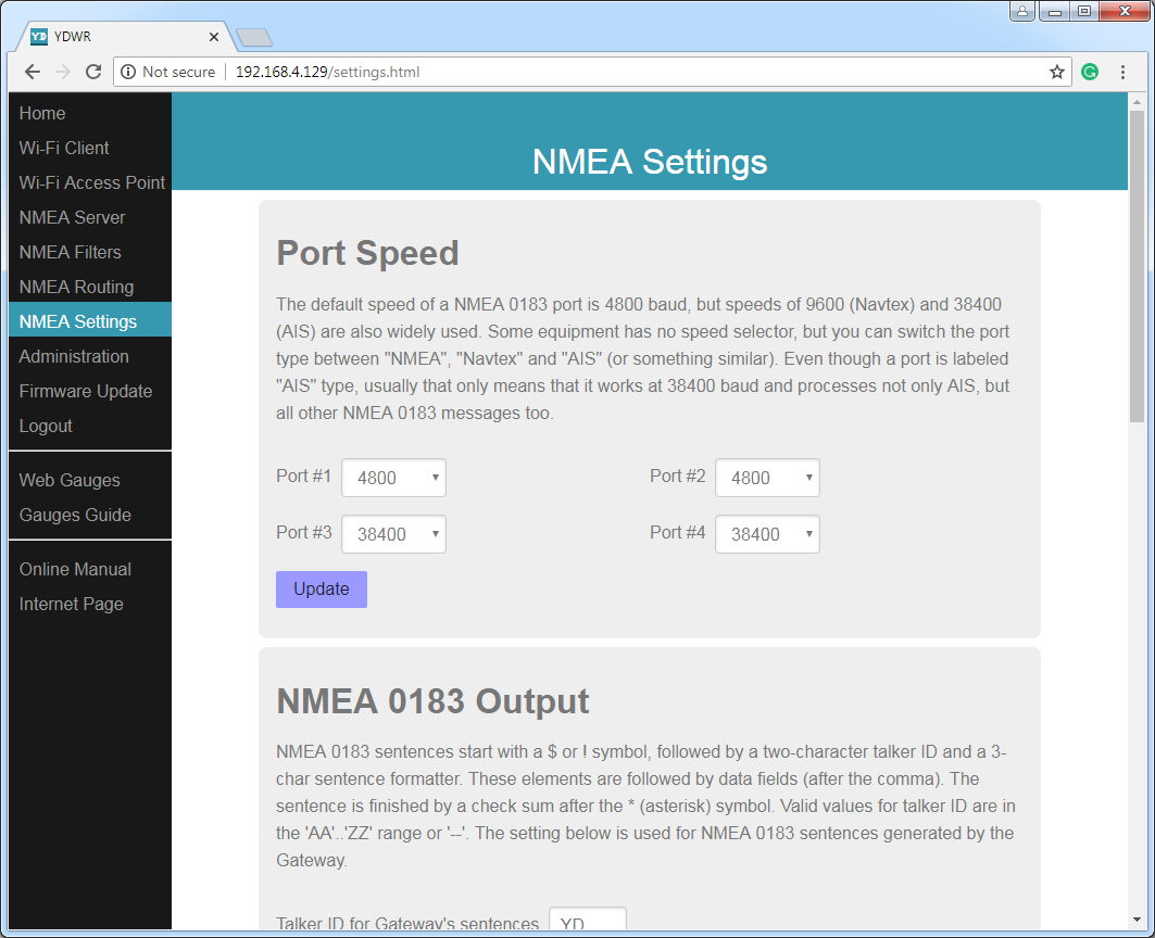 NMEA settings (port speed, true wind calculation, logging, etc.)