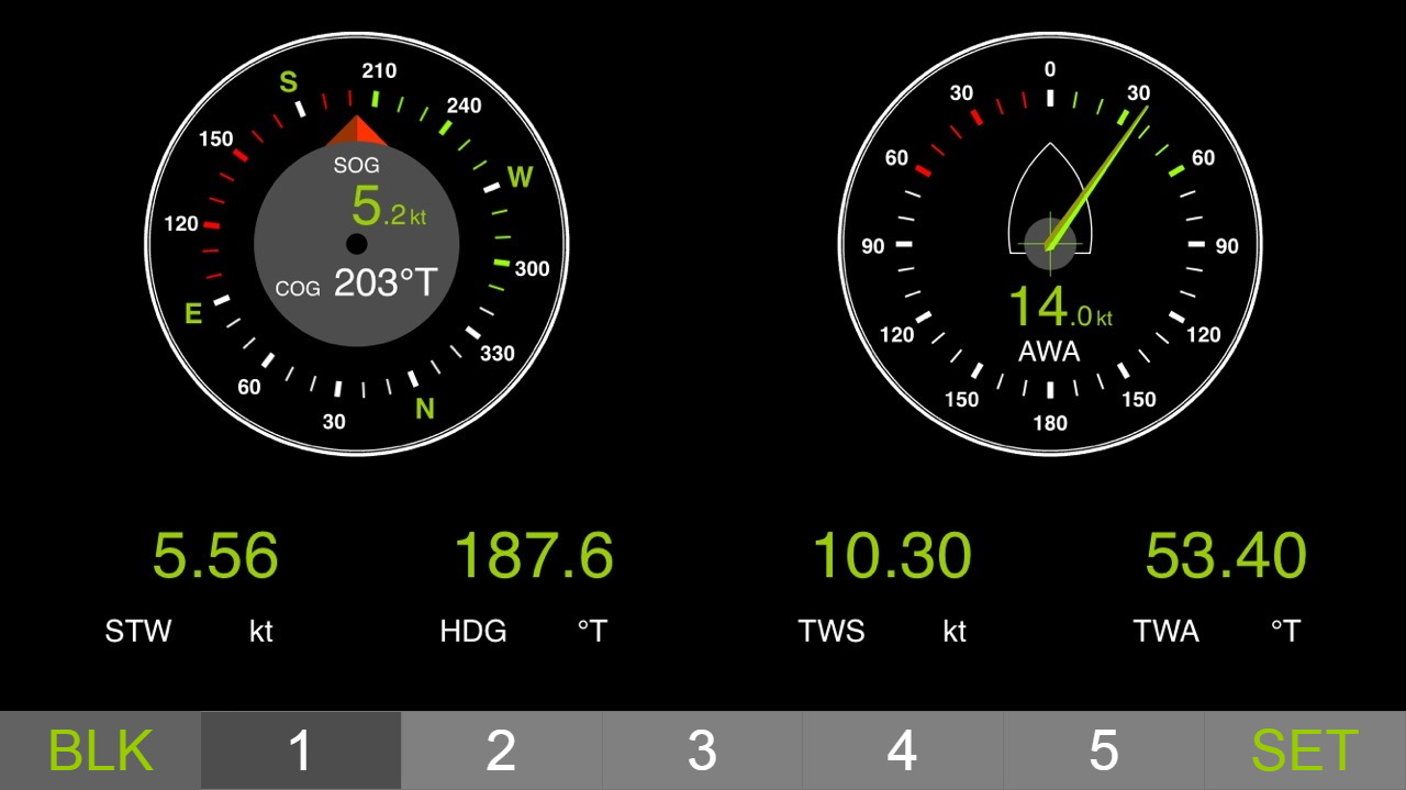 Data page with circular course and wind gauges