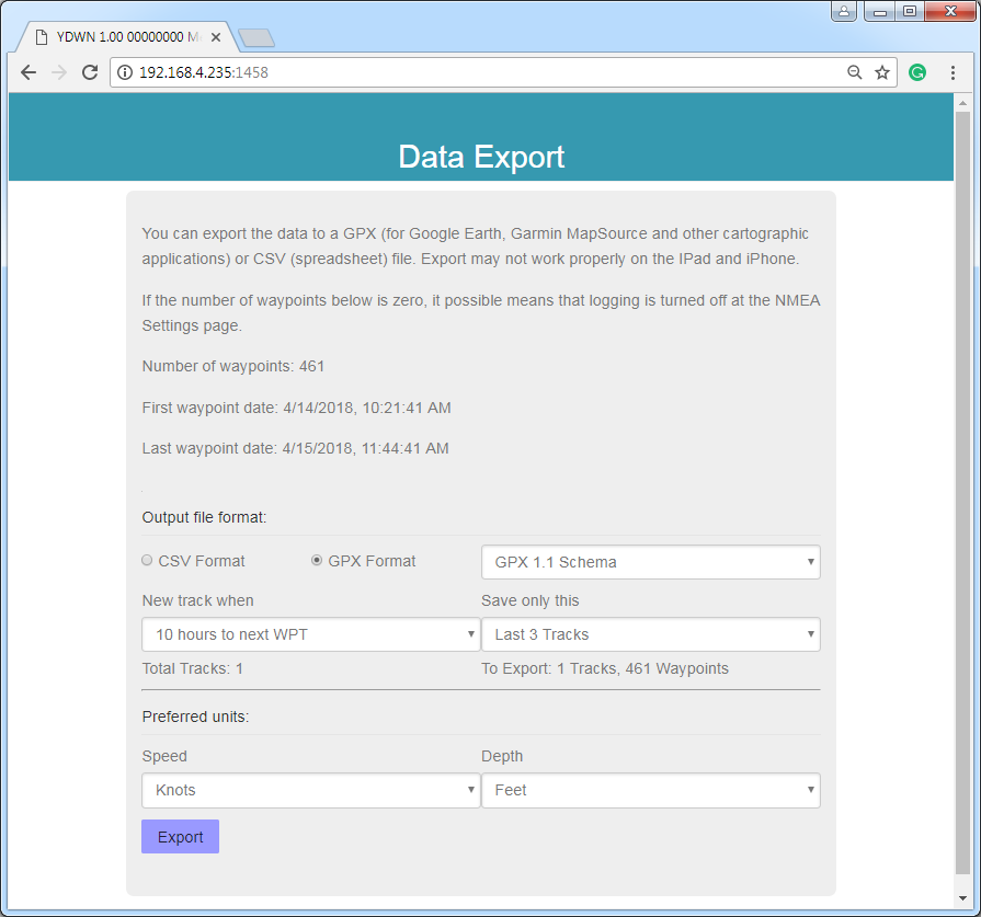 Export of the recorded data to CSV or GPX