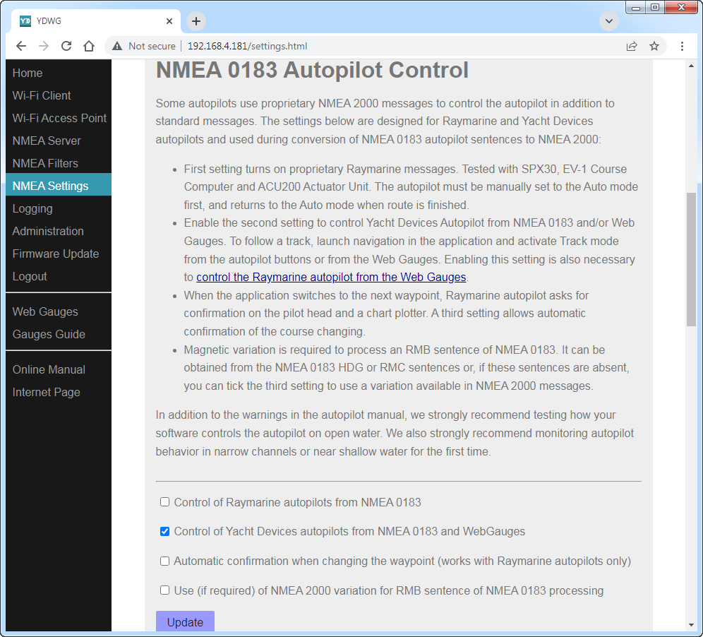 Allows to control Raymarine and Yacht Devices autopilots from NMEA 0183