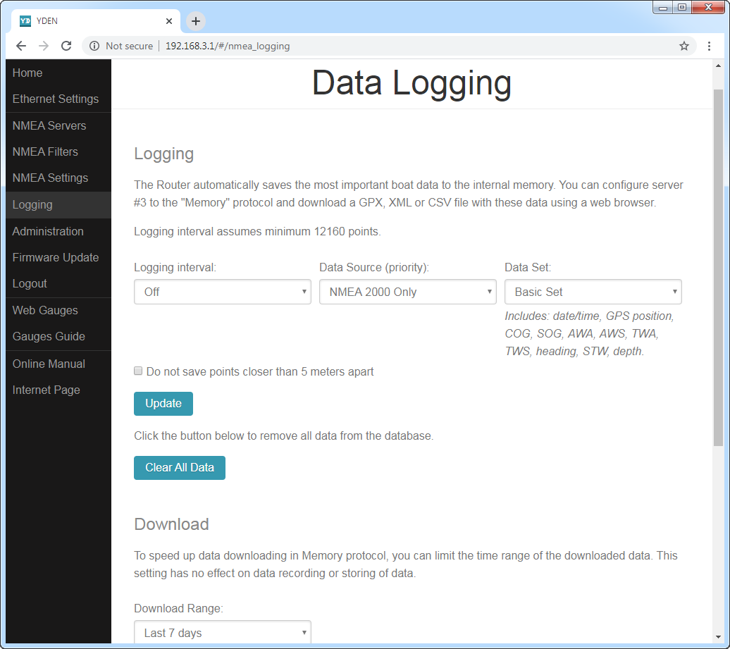 Data logging and Cloud Services settings