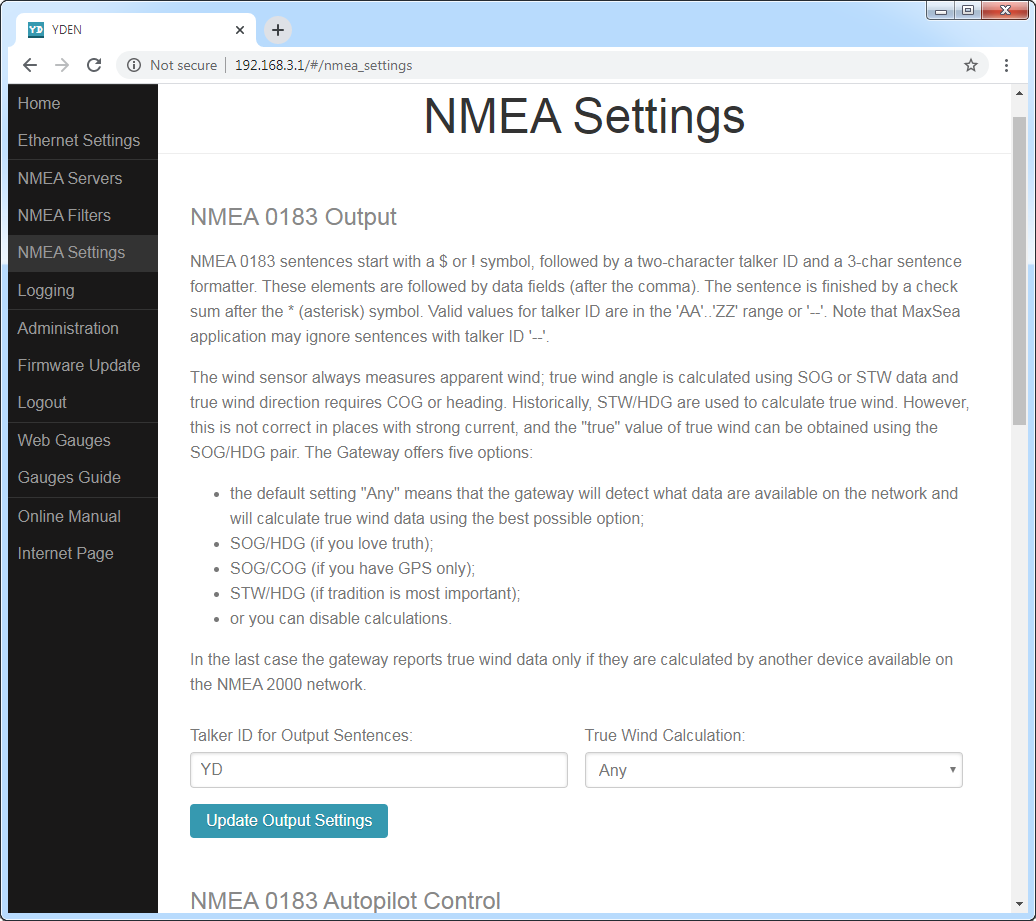 NMEA settings (true wind calculation, autopilot control, etc.)