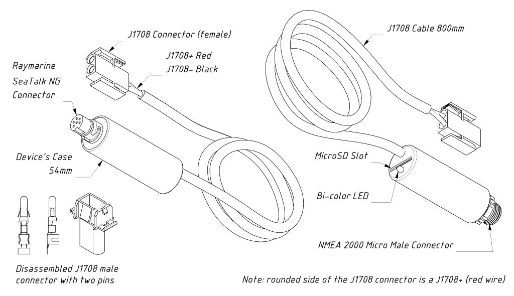 Drawing of J1708 Engine Gateway, models YDES-04R (left) and YDES-04N (right)