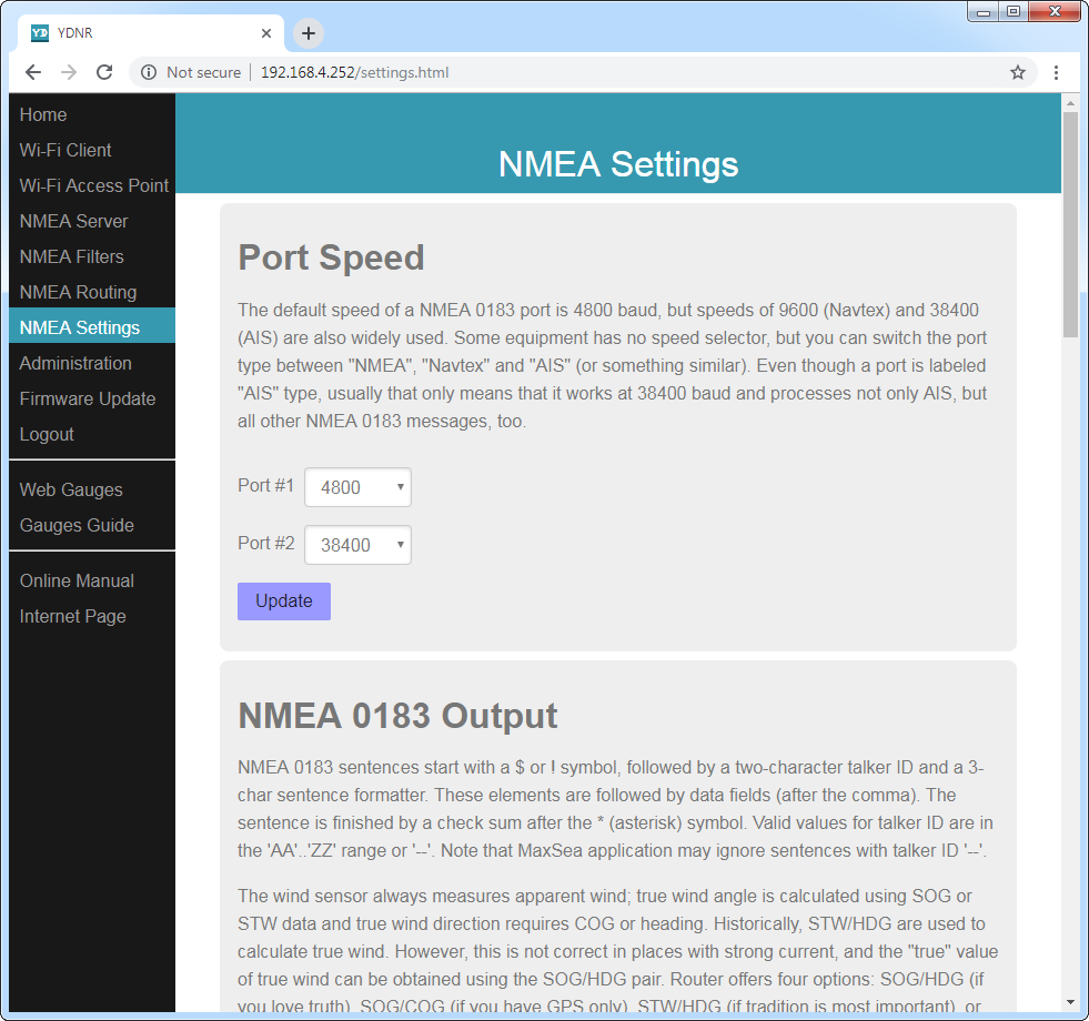 NMEA settings (port speed, true wind calculation, logging, etc.)