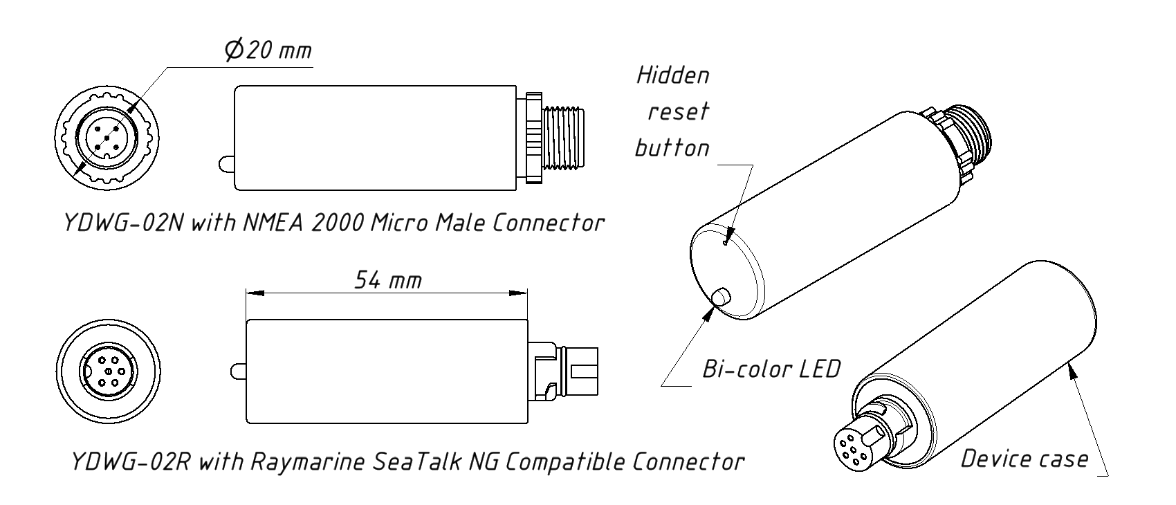 Drawing of YDWG-02N and YDWG-02R models of Gateway